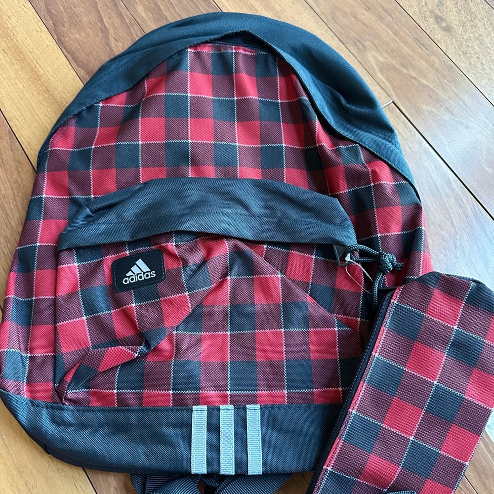 🌻Adidas Red and Black Backpack with Classic Checkered Design